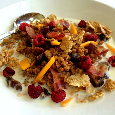 Savory and Sweet Chai Oatmeal with Bacon, Mango, Dates and Raspberries on ShockinglyDelicious.com