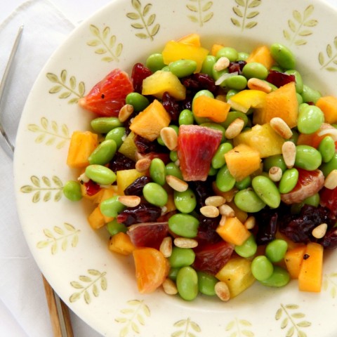 easy-edamame-salad-with-persimmon-peppers-and-pine-nuts-on-shockinglydelicious-com