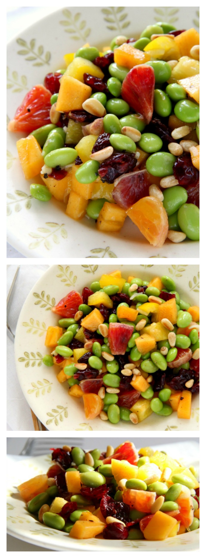 Colorful vegan, gluten-free salad with edamame, persimmon, peppers, pine nuts and blood orange. Recipe-on-shockinglydelicious-com