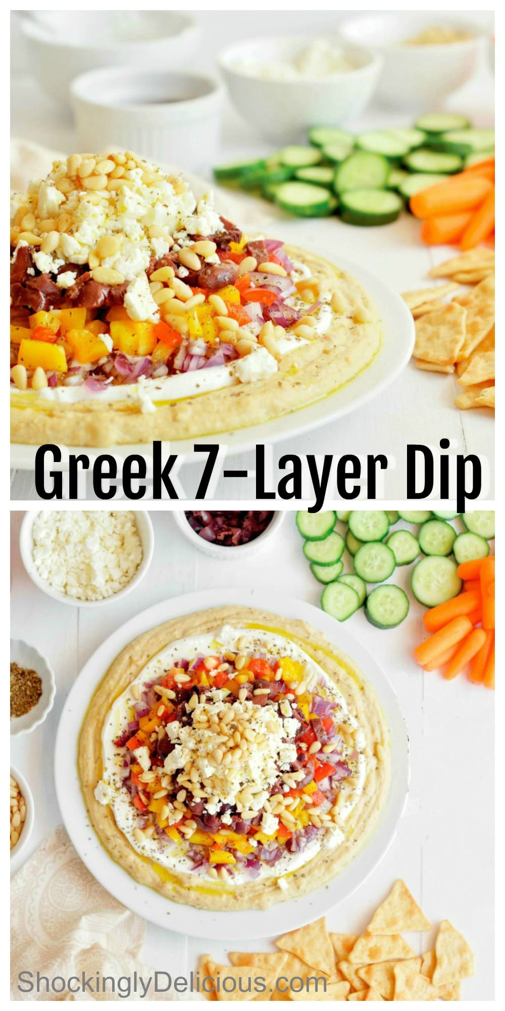 Photo collage of Greek 7-Layer Dip on ShockinglyDelicious.com