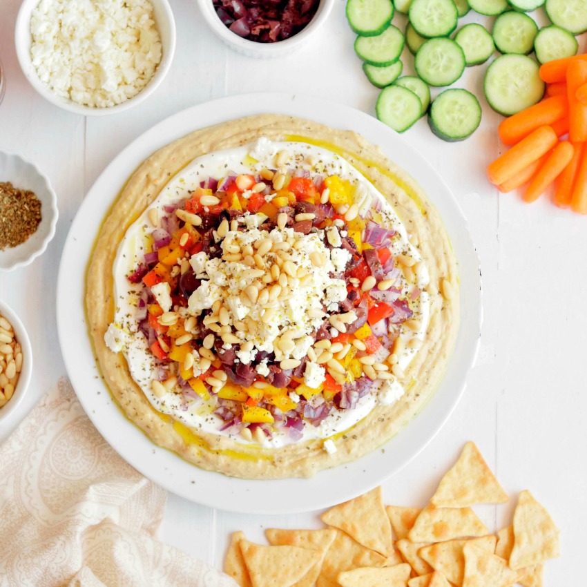 Top down aerial view of greek-seven-layer-dip