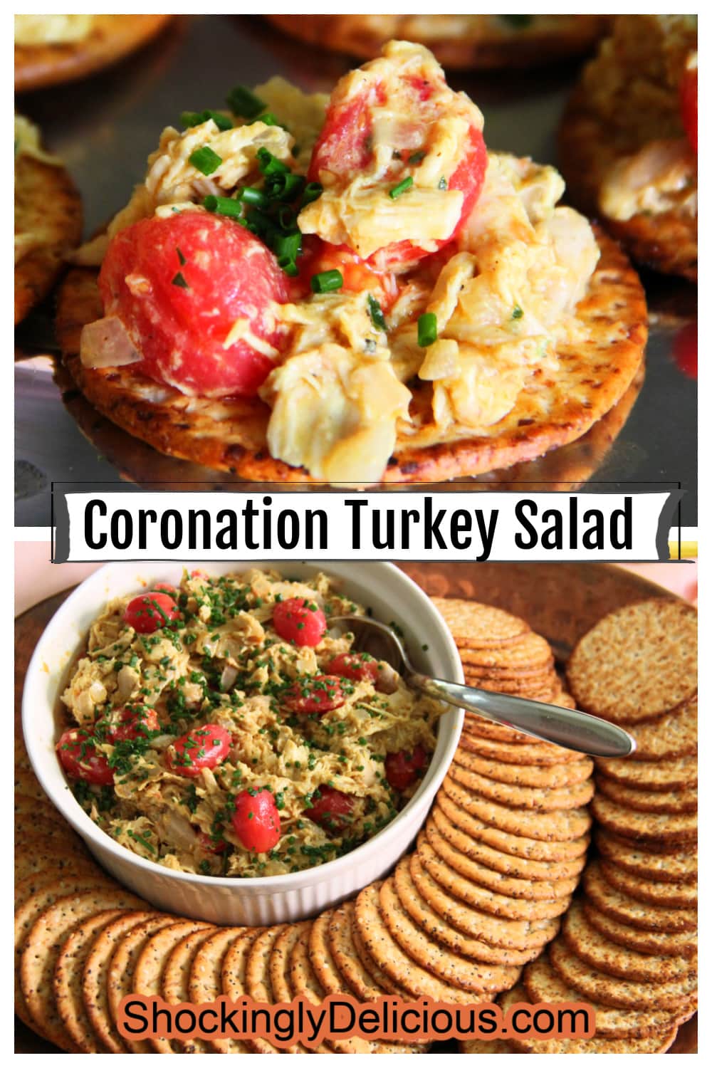 Pinterest Pin on Coronation Turkey Salad showing a closeup of the salad on a cracker and the dip surrounded by crackers