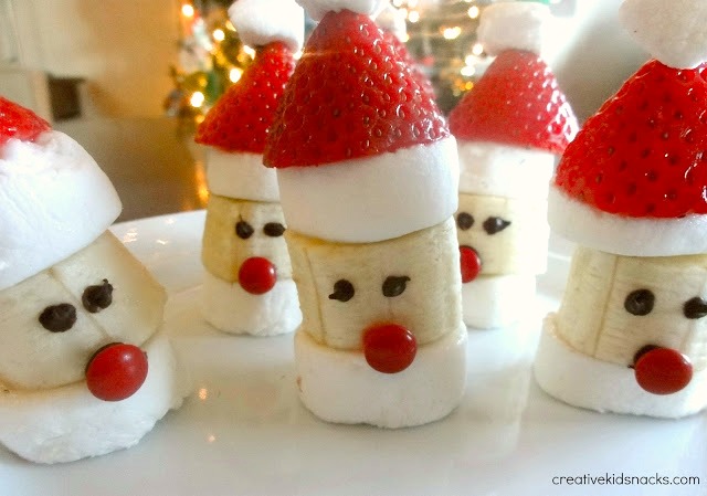 banana chunks decorated like santa-heads