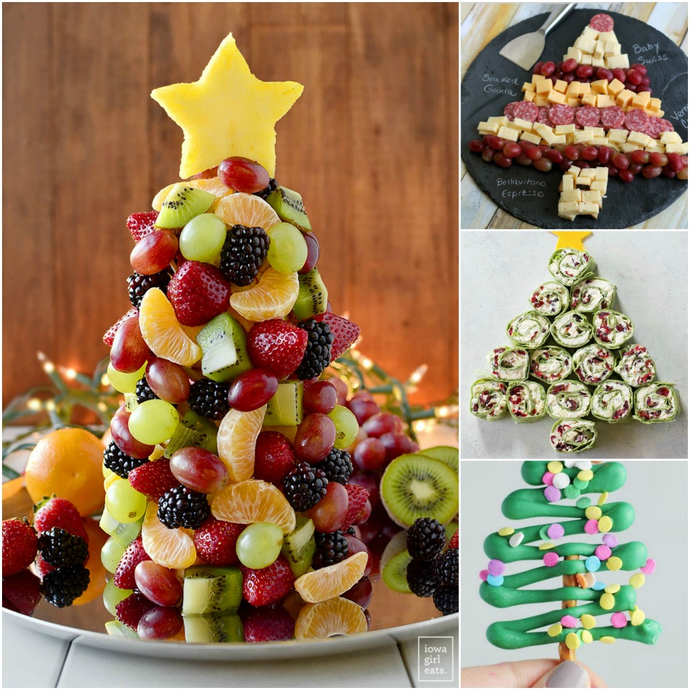 4 picture collage of tree-shaped-food-for-holidays-on-shockinglydelicious-com