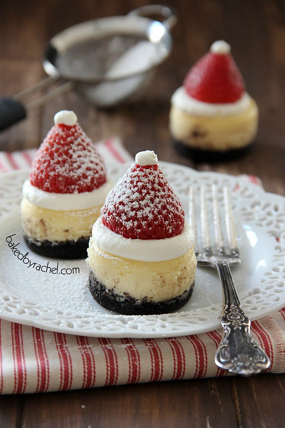 mini-santa-hat-cheesecakes on a white plate made by bakedbyrachel
