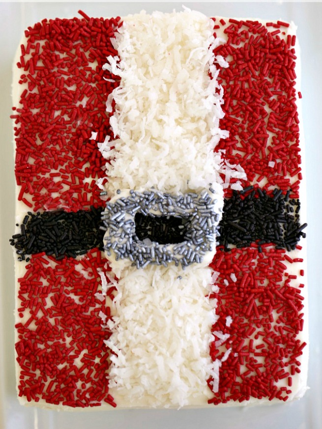 Rectangular cake decorated like Santa suit 