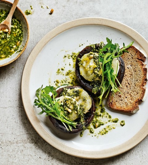 Grilled Portobello Mushrooms with Goat's Cheese, Pesto and Rocket from Clean Eating Alice