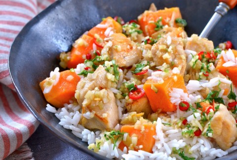 Sweet Potatoes with Chicken and Lemongrass: A simple, thin-bodied stew that showcases lemongrass and sweet potatoes has only 4 basic ingredients, making it ideal for weeknight dinners. It is inspired by the Hmong community of Minnesota.