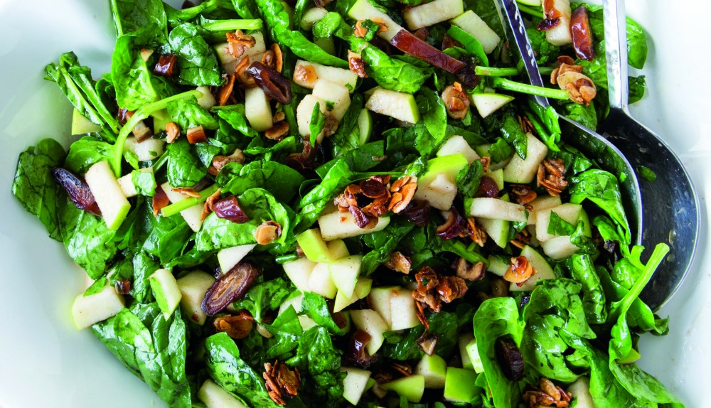 Charoset Salad takes the wonderful flavor of traditional charoset and saladizes it, with chunky apples and dates in a fresh spinach salad, dressed with a cinnamony wine-balsamic drizzle. You'll want it all year long, not just for Passover. 