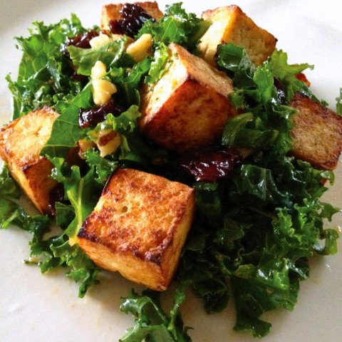 Kale Salad with Cherries, Walnuts and Tofu Croutons by Corinne Trang