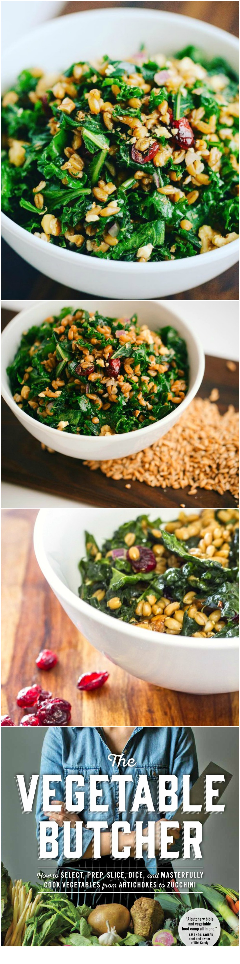 KALE AND SPELT BERRY SALAD WITH SWEET CRANBERRIES AND LEMON DRESSING: A masterfully balanced raw vegan kale salad with chewy spelt, sweet cranberries, crunchy walnuts harmonizing with a lemony maple dressing, from Little Eater Restaurant in Columbus, Ohio. #kale #kalesalad #saladrecipe #vegan #vegansalad #speltberries #driedcranberries #vegetablebutcher #shockinglydelicious Photo collage of Kale and Spelt Berry Salad with Sweet Cranberries and Lemon Dressing by Cara Mangini of Little Eater Restaurant in Columbus, Ohio