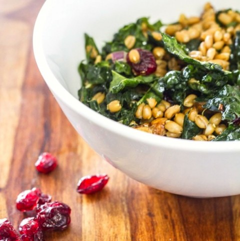 Kale and Spelt Berry Salad with Sweet Cranberries and Lemon Dressing from Little Eater