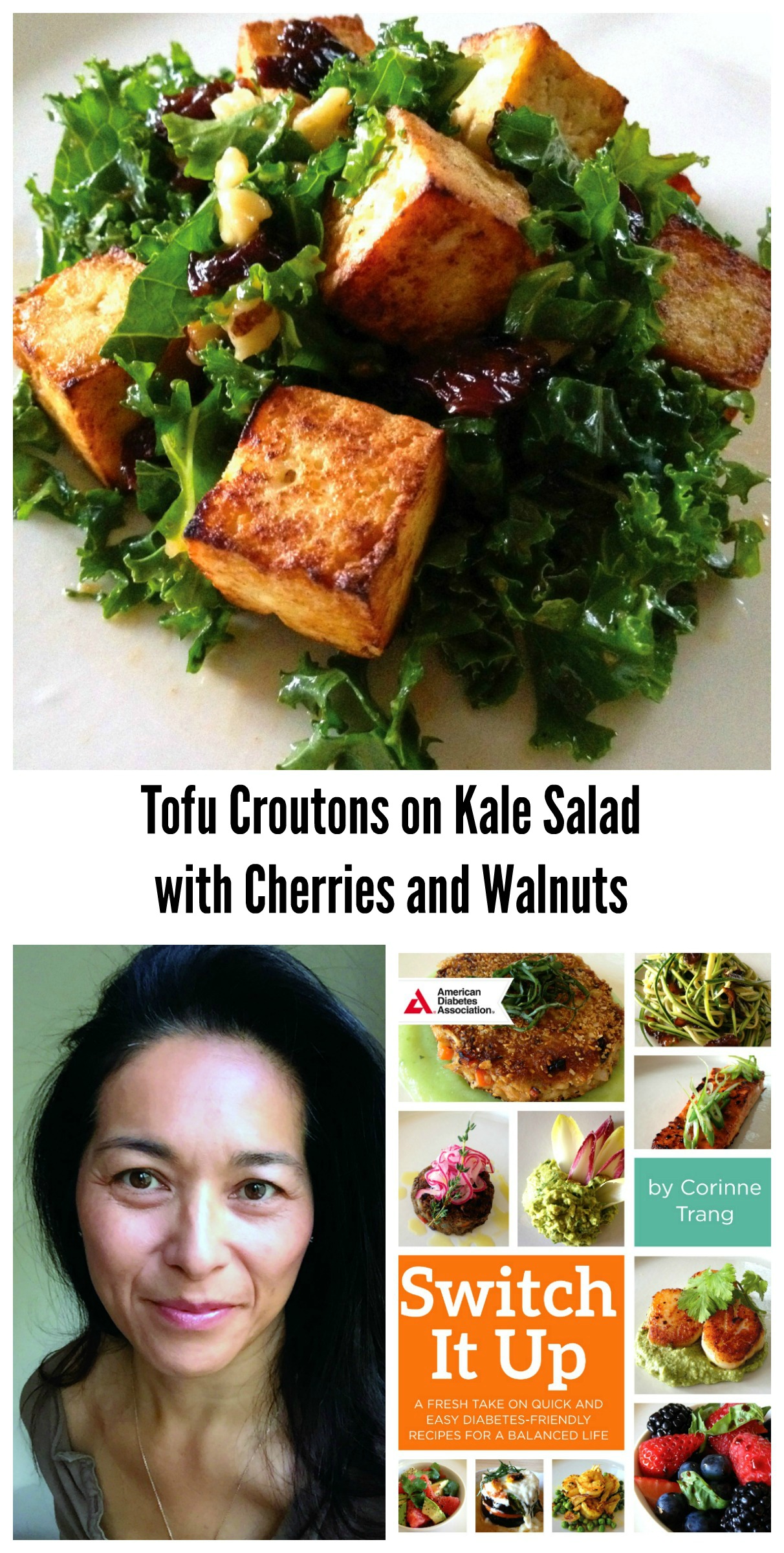 Tofu Croutons on Kale Salad with Cherries and Walnuts