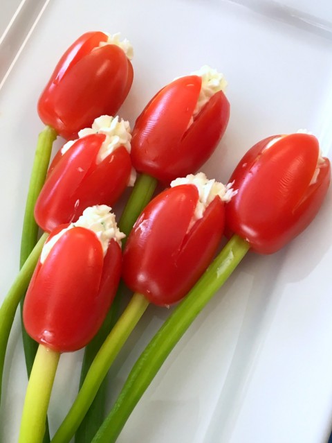 Six Grape Tomato Cream Cheese Tulips with green onions as stems