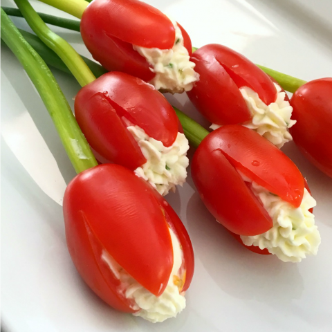 Grape Tomato Cream Cheese Tulips on a white plate