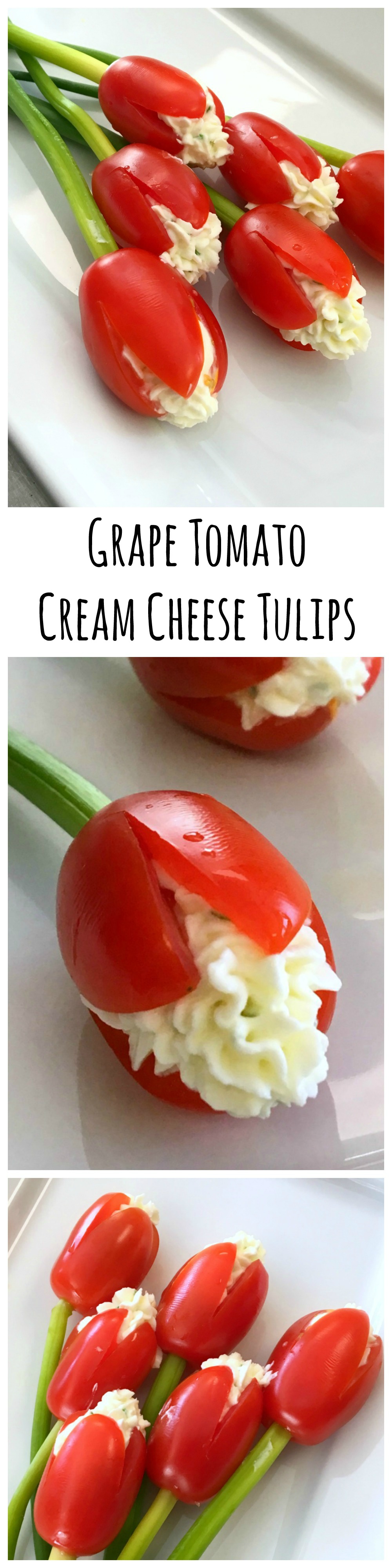 Edible Grape Tomato Cream Cheese Tulips on Shockinglydelicious.com