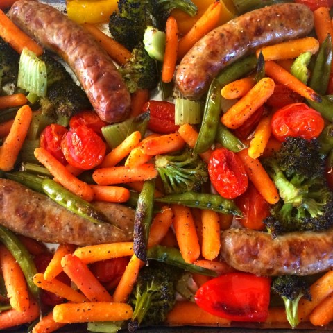 4-Ingredient Vegetable Tray Sausage Sheet Pan Dinner: a ready-to-go fresh vegetable tray makes this roasted sausage dinner so easy. 