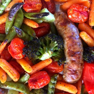 Healthy 4-Ingredient Vegetable Tray Sausage Sheet Pan Dinner on ShockinglyDelcious.com