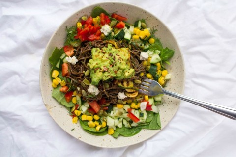 Spicy Southern California Black Bean Spaghetti Salad: Pasta made from black beans and topped with all sorts of fresh chopped vegetables makes this a light summer vegan dinner choice. Two kinds of mild dried chiles are the foundation for the spicy sauce that brings out all the flavors.  