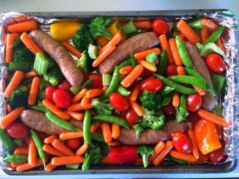 Vegetables and sausage ready for the oven on ShockinglyDelicious.com