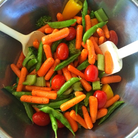 Vegetables mixed up in a bowl on ShockinglyDelicious.com