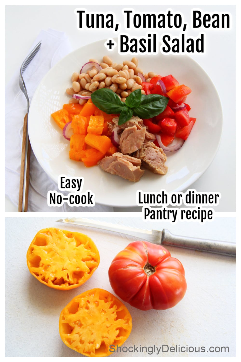 Tuna Tomato Bean salad in a white bowl with a fork alongside, and a red and orange tomato with a knife on a cutting board