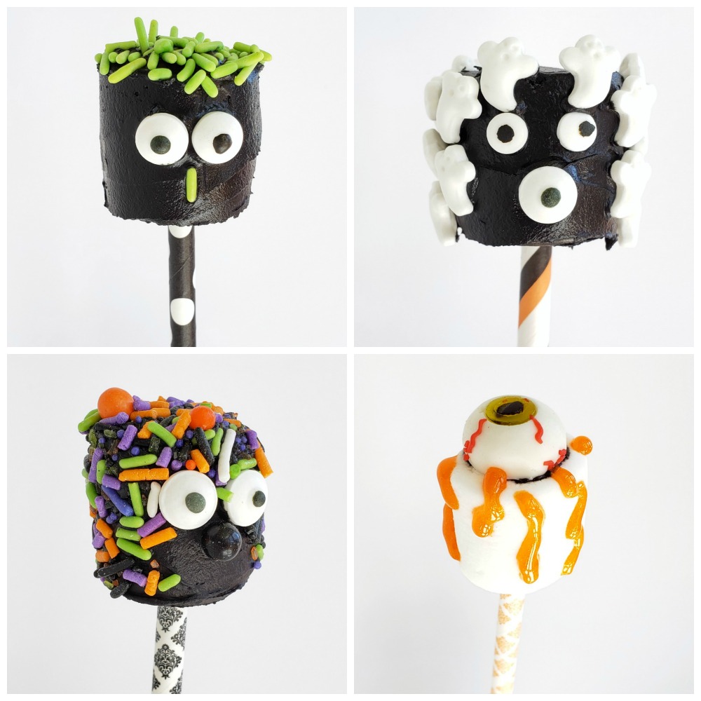 4 black decorated Monster Marshmallow heads on ShockinglyDelicious.com