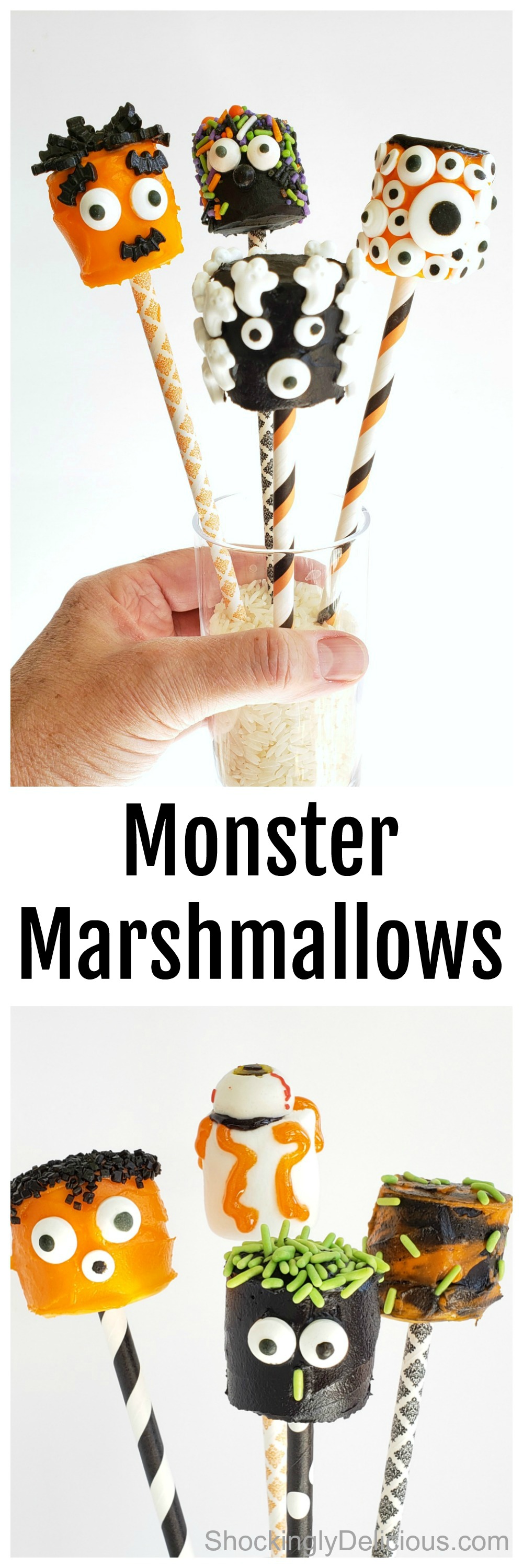 collage of 2 photos of 4 Monster Marshmallows on ShockinglyDelicious.com