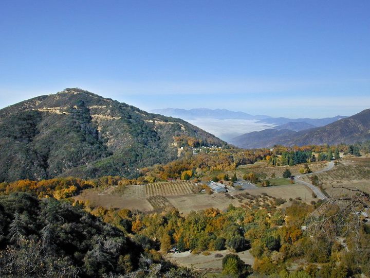 Oak Glen Calif aerial view of the valley surrounded by hills