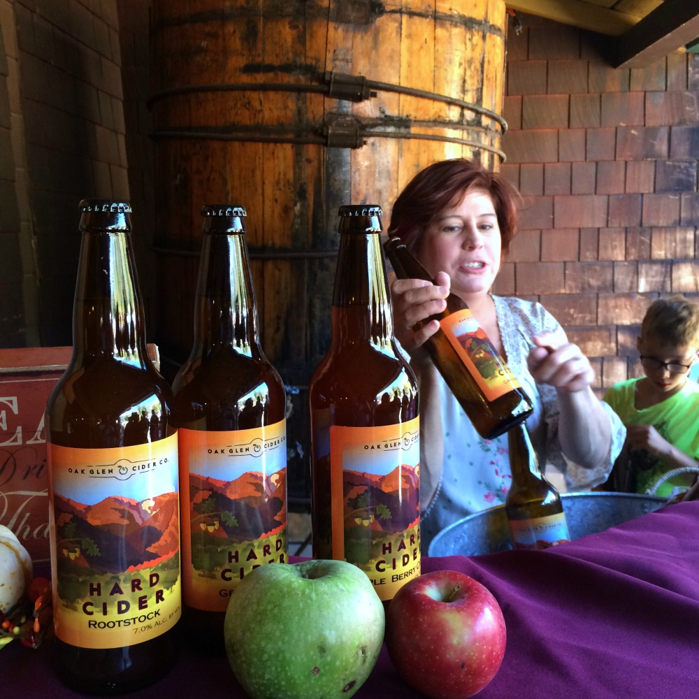 Oak Glen Cider Co tasting bar with bottles lined up on a purple tablecloth