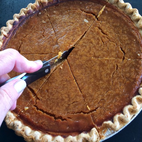 Sara Lee Pumpkin Pie being cut into pieces