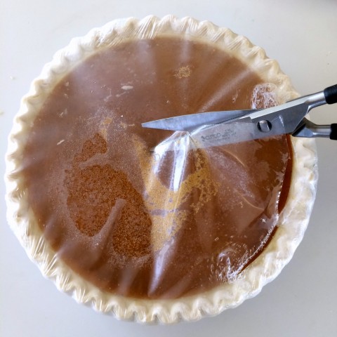 Sara Lee Pumpkin Pie cut the plastic off