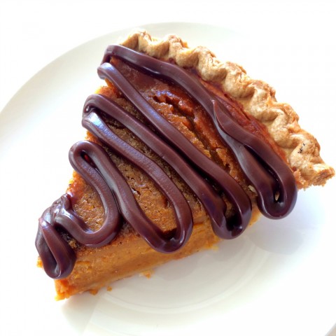 Sara Lee Pumpkin Pie topped with fudge sauce