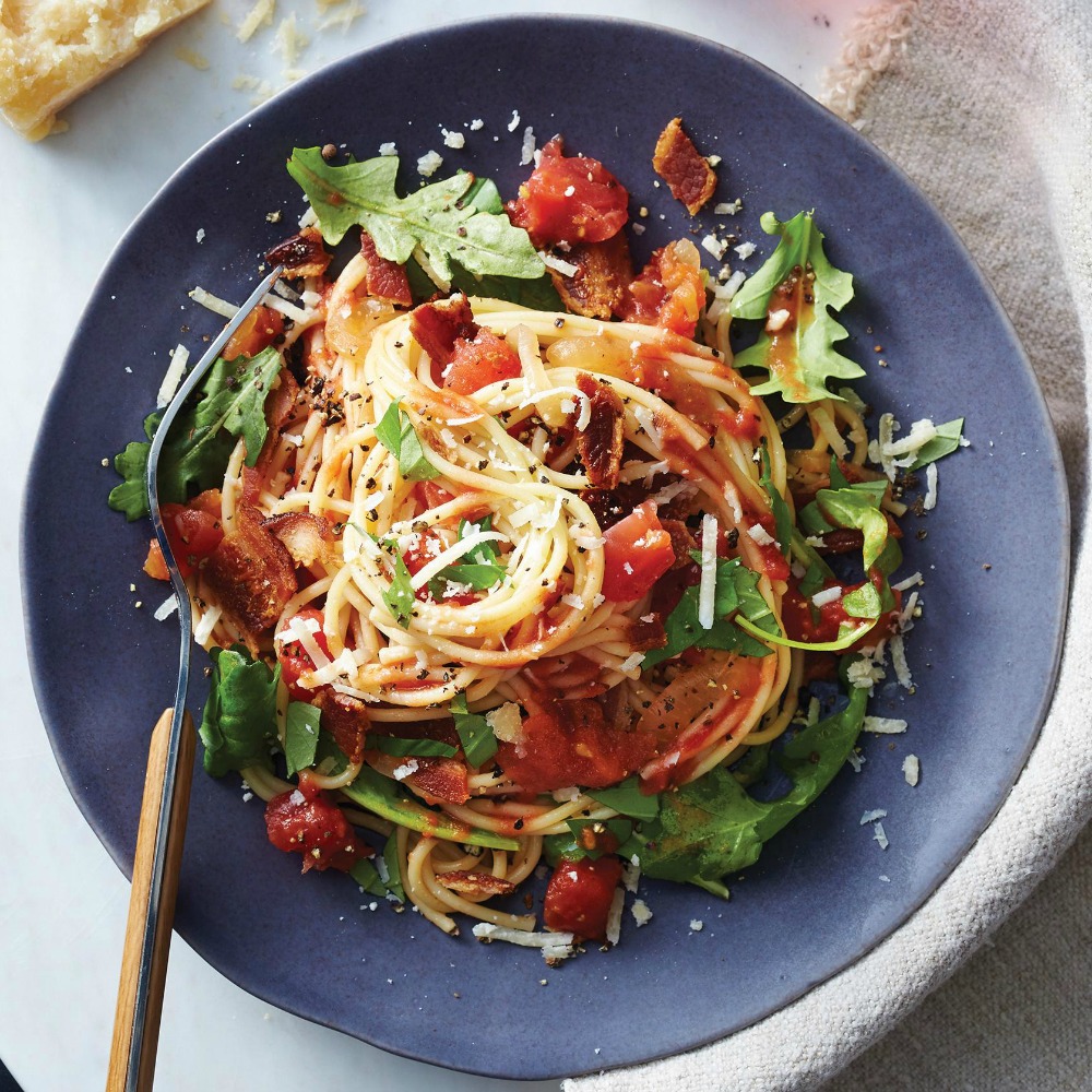 BLT Pasta on a blue plate from Valerie's Home Cooking cookbook