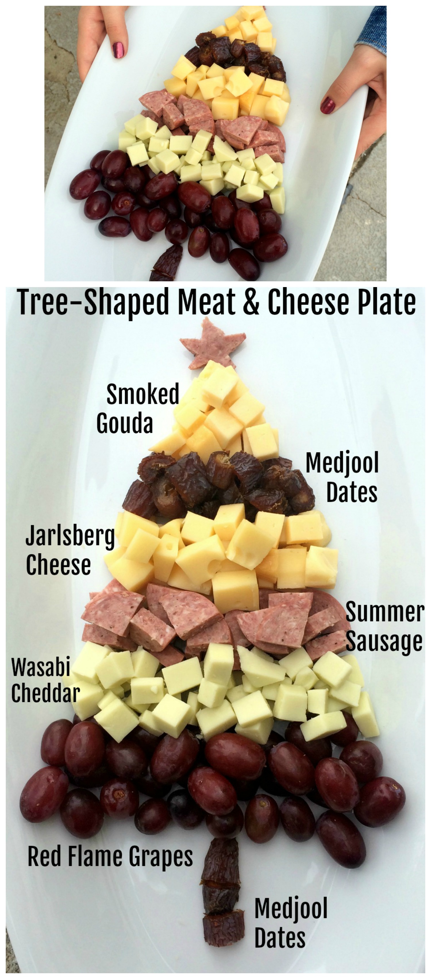 Tree-Shaped Meat and Cheese Plate: Whether for the holidays or any day, it's fun to easy to create a meat and cheese plate in the shape of a tree. Any charcuterie board is twice as festive if you *spruce* it up! (See what I did there?)  #meatandcheeseplate #charcuterieboard #appetizerplate #shockinglydelicious #holidaycheeseboard