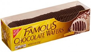 yellow box of Nabisco Famous Chocolate Wafers with wafers showing through the clear plastic on top