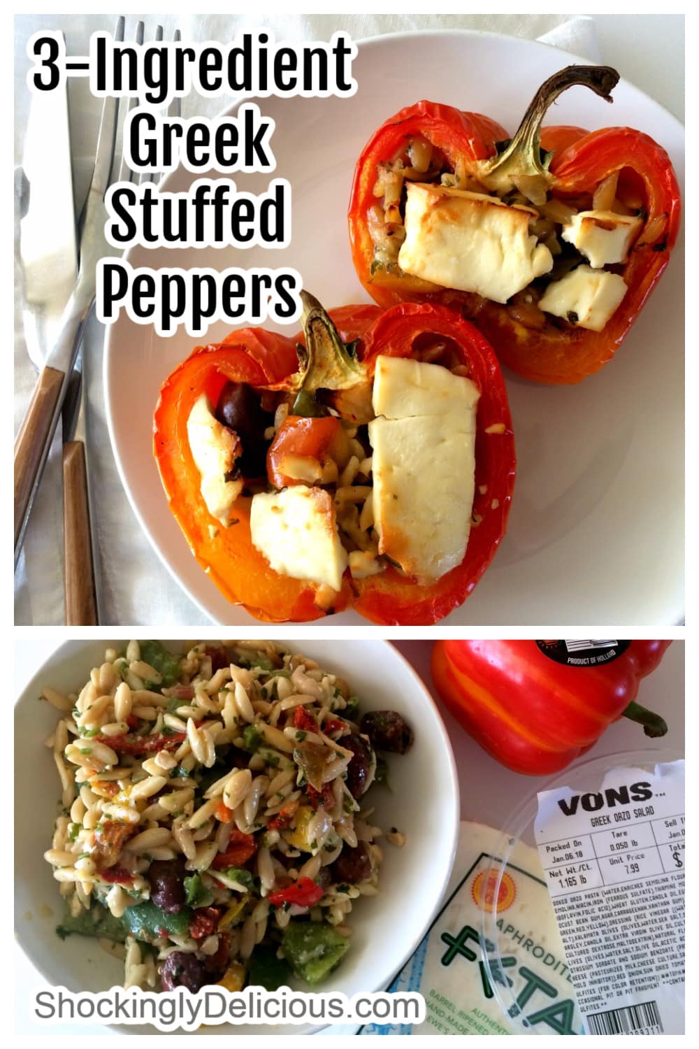 2 photos of 3-Ingredient Greek Stuffed Peppers in a collage with recipe title superimposed on top