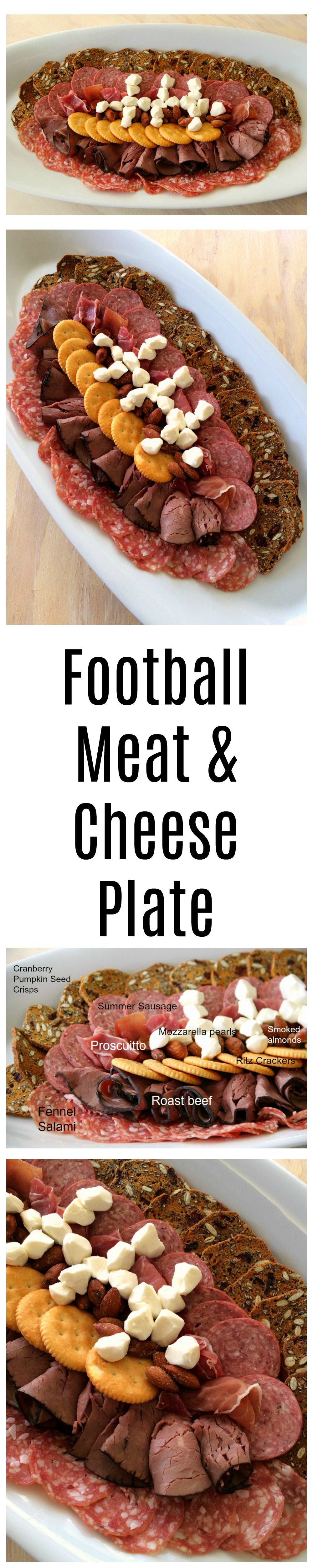 Photo collage for Football-Shaped Meat and Cheese Plate for game watching parties