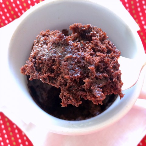 Brownie in a Mug with Red Wine on a red placemat on ShockinglyDelicious.com