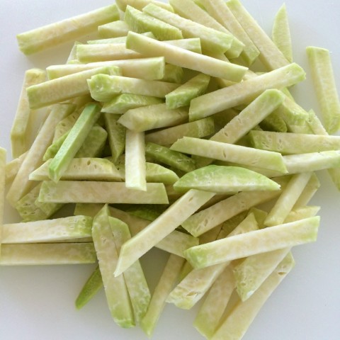 Kohlrabi matchsticks ready to be baked into fries