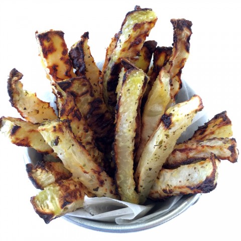 Low-Carb Baked Kohlrabi Fries vegan recipe served in a small metal pail