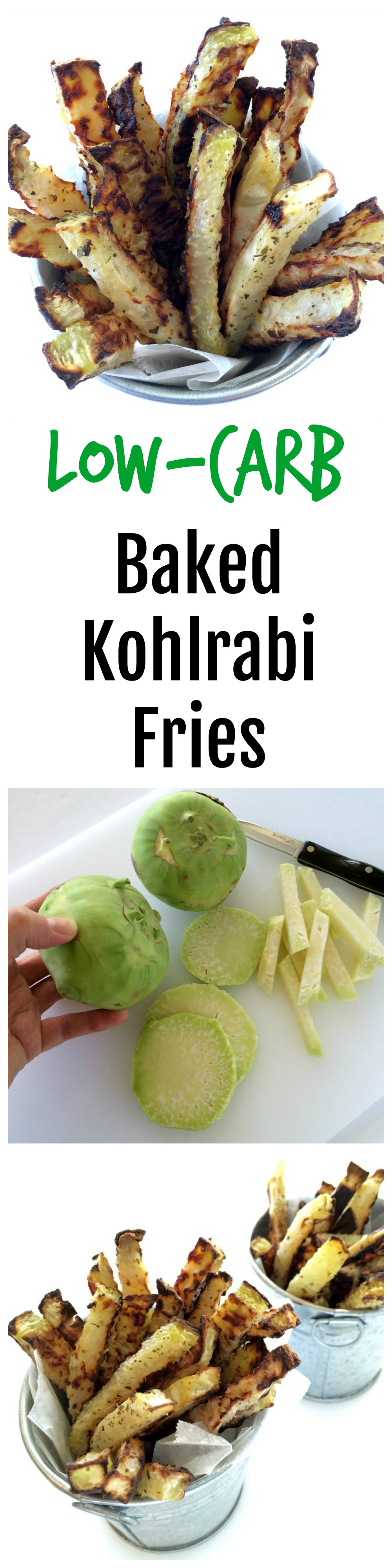 Collage of photos showing Vegan Low-Carb Baked Kohlrabi Fries on ShockinglyDelicious.com