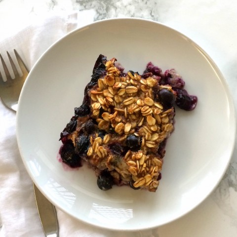 BANANA BLUEBERRY BAKED OATMEAL is chock-full of fruit and just this side of sweet -- a warm, comforting breakfast for when you have a few extra minutes, like on the weekend. It's vegetarian, but can be easily vegan-ized.  