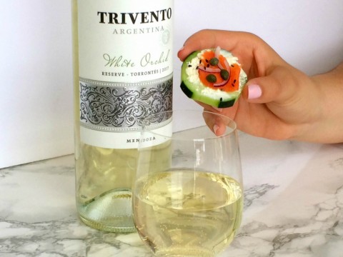 Cucumber Smoked Salmon Appetizer Bite with Trivento White Orchid wine