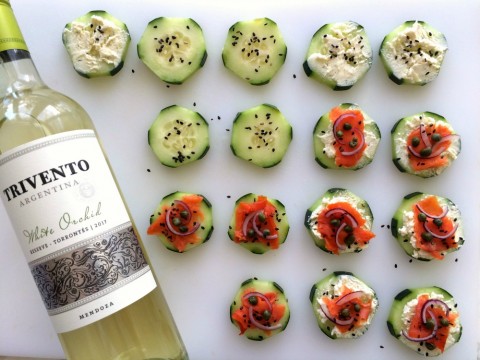 Cucumber Smoked Salmon Appetizer Bites with Trivento White Orchid Wine