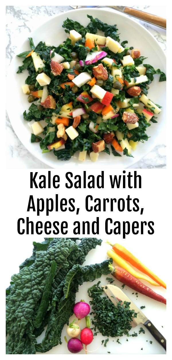 Photo collage of Easy Kale Salad with Apples, Carrots, Cheese and Capers