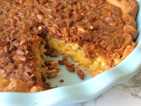 French Coconut Pie with Pine Nuts cut