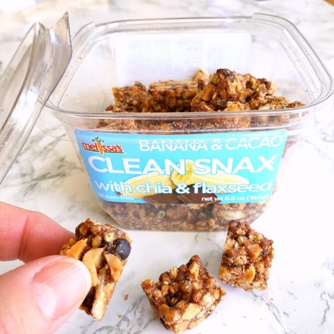 Banana & Cacao Clean Snax from Melissa's Produce on a white marble counter