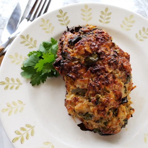 Easy Mexican Turkey Meat Loaf in the Air Fryer on a leaf-patterned plate on ShockinglyDelicious.com