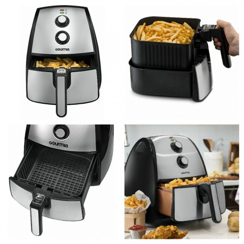 Silver Gourmia GAF560 Air Fryer kitchen appliance showing 4 views of it